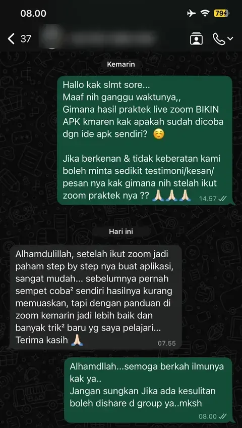 Chat WhatsApp peserta kelas Zoom: setelah ikut Zoom jadi paham langkah demi langkah membuat aplikasi, hasilnya lebih baik daripada saat mencoba sendiri