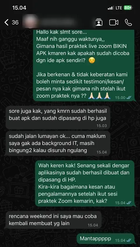 Chat WhatsApp peserta tanpa latar belakang IT: sudah berhasil membuat APK dan memasangnya di HP