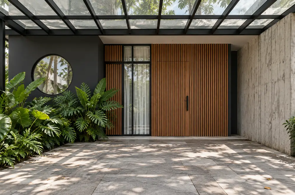 Render fotoreal carport Rumah Teduh dengan pintu kayu jati