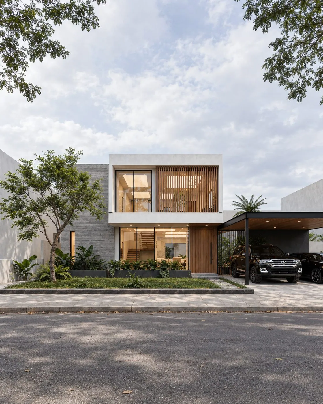 Hasil foto dengan GPT Image: rumah dua lantai dengan carport, langit berawan, dan jalan beraspal
