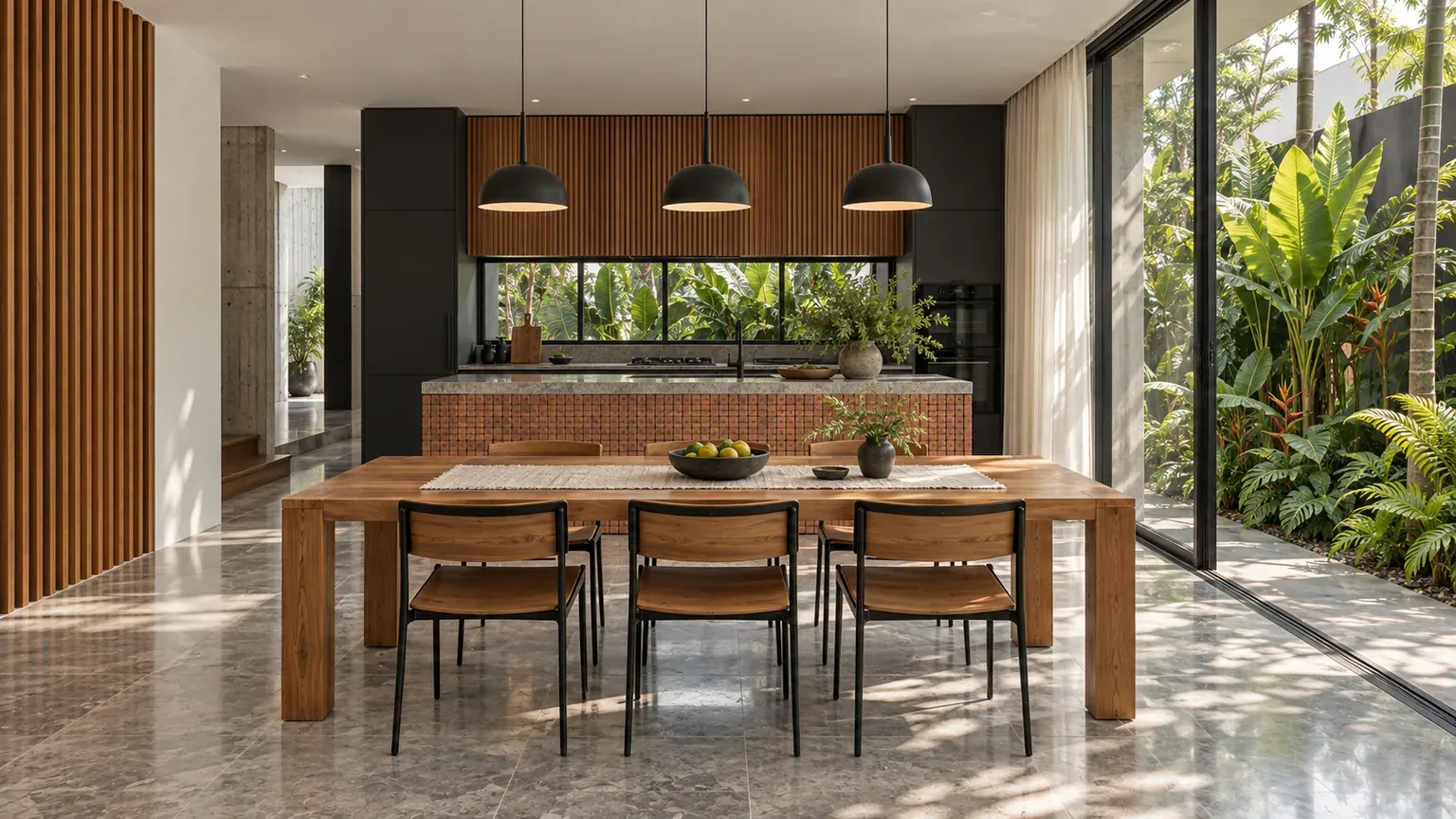 Dapur terbuka dengan meja makan kayu dan lampu gantung