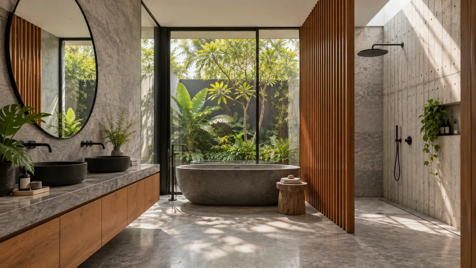 Kamar mandi dengan bak batu dan cermin bulat