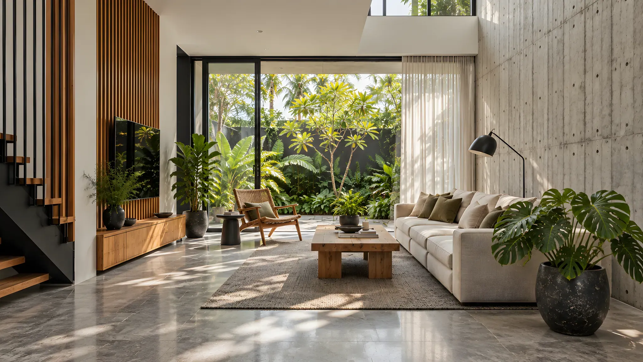 Ruang tamu dengan sofa linen, lantai teraso, dan dinding kaca ke taman